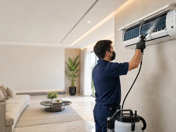 Higienização de ar-condicionado split, com o equipamento aberto e o ambiente protegido