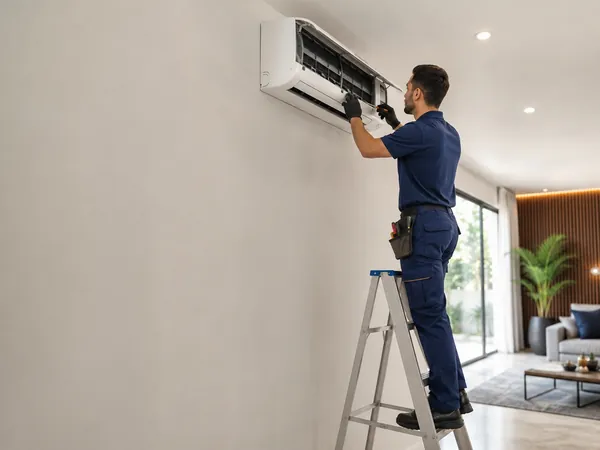 Técnico realizando manutenção em ar-condicionado split de parede, com o painel aberto