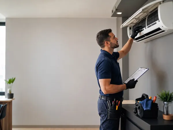 Verificação preventiva de ar-condicionado, com inspeção dos componentes internos