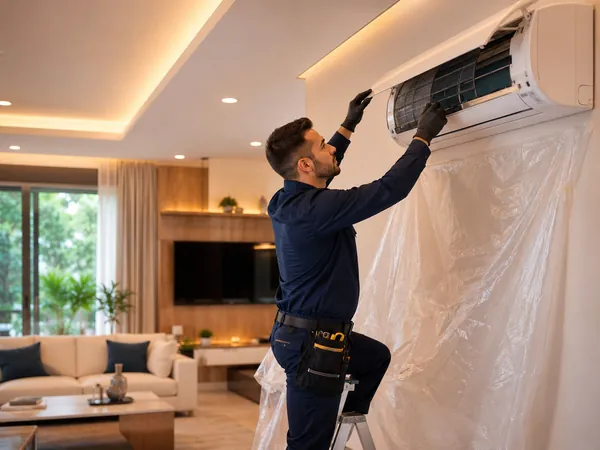 Atendimento de ar-condicionado em ambiente residencial, com o local protegido