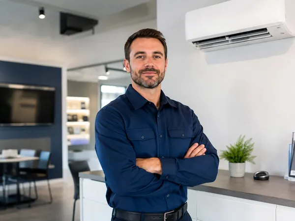 Equipe de climatização em atendimento, com o ambiente do cliente protegido