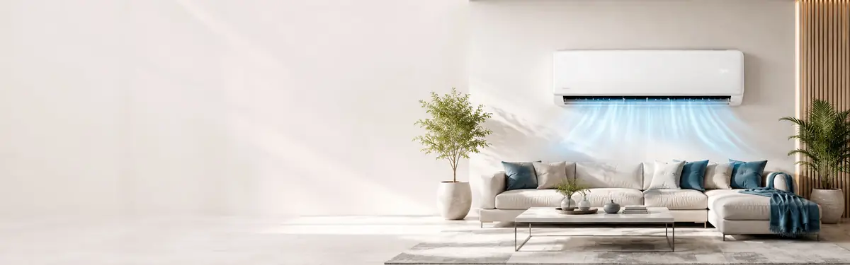 Ar-condicionado split em funcionamento em sala de estar ampla e clara