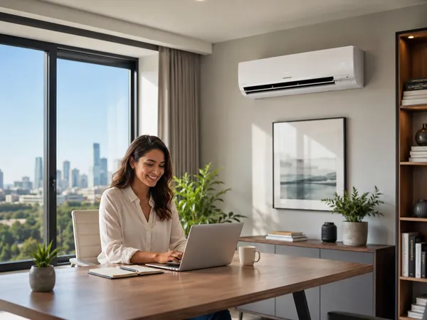 Mulher trabalhando em home office com ar-condicionado split ligado ao fundo