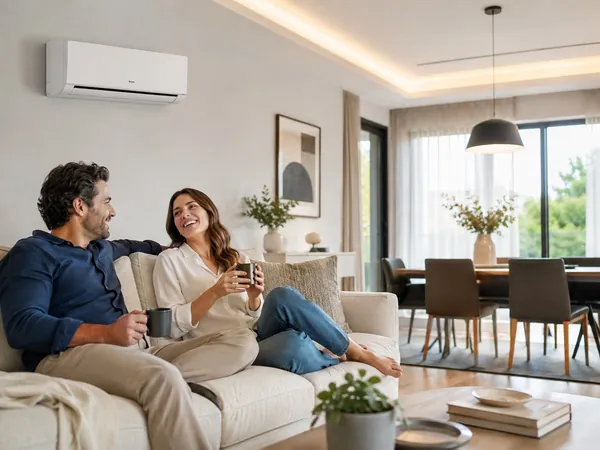 Casal conversando no sofá da sala, com ar-condicionado split na parede