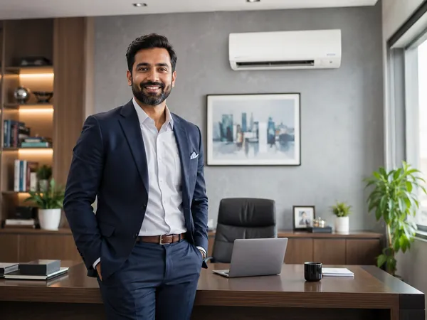 Empresário em seu escritório, com ar-condicionado split instalado na parede