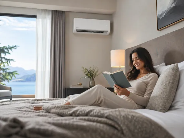 Mulher lendo na cama, em quarto com ar-condicionado split ligado