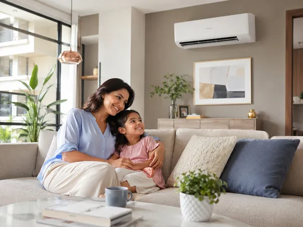 Mãe e filha sentadas no sofá da sala, com ar-condicionado split ligado