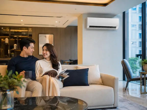 Casal na sala de um apartamento, com ar-condicionado split instalado na parede